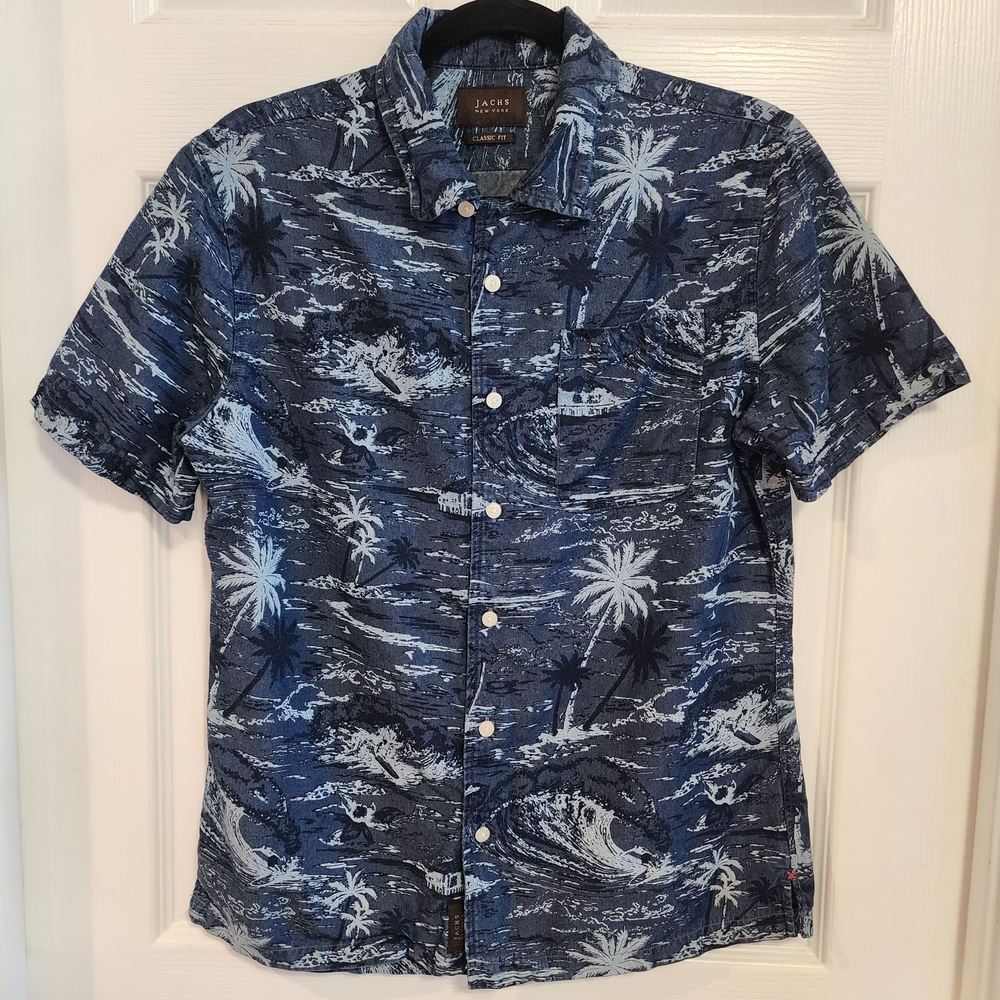Jachs New York Men's Blue Tropical Patterned Hawaiian Shirt Small Classic Fit